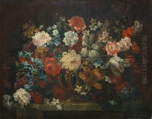 Tulips, Carnations, Narcissi And Other Flowers In A Bronze Urn On A Stone Ledge