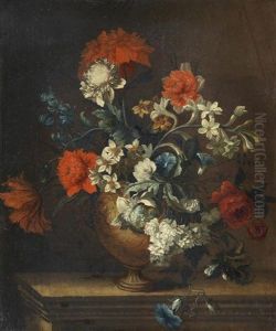 Peonies, Convolvulus, Narcissi And Other Flowers In A Vase On A Stone Ledge by Jean-Baptiste Monnoyer