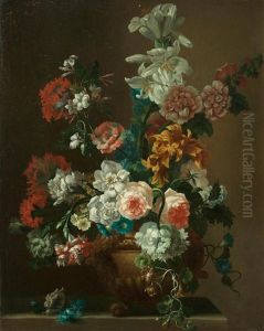 Roses, Lilies, Convolvulus And Other Flowers In An Urn On A Stone Ledge