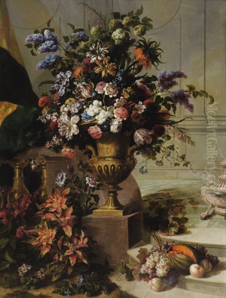 A Bouquet Of Flowers In A Gilded Bronze Urn On A Porphyry Base In An Architectural Setting - view 1