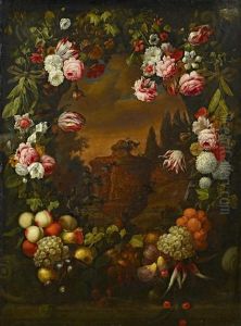 Blumen- Und Fruchtekranz Mit Einer Parklandschaft