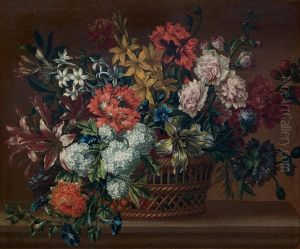 Still-life With Flowers In A Basket On A Stone Plinth