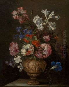 A Still Life Of Roses, Hyacinths, Carnations And Other Flowers In An by Jean-Baptiste Monnoyer
