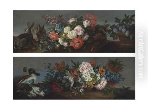 Roses, Tulips, Hyacinths And Other Flowers In A Woven Basket, With Grapes And Two Mallards, In A Landscape; And Roses, Anenomes, Hyacinths And Other Flowers Draped On A Stone, With Plums In A Woven Basket And Two Rabbits In A Landscape - Overdoors