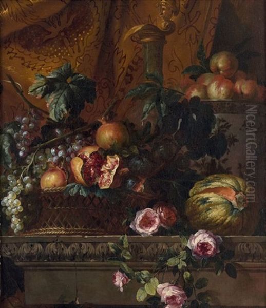 Panier De Grenades Et Raisins, Melon Et Roses Sur Un Entablement - view 1