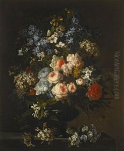 A Still Life Of Roses, Hyacinth, Honeysuckle And Other Flowers In A Glass Vase On A Ledge