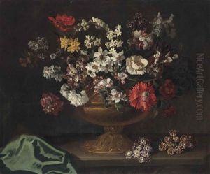 Daffodils, Hyacinths, Foxgloves A Poppy And Other Flowers, In A Bronze Urn, On A Stone Ledge by Jean-Baptiste Monnoyer