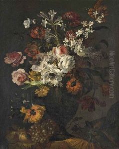 Roses, Lilies, Parrot Tulips, Peonies And Other Flowers In A Sculpted Urn With Peaches Grapes And A Sunflower On A Table