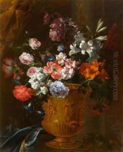 Still Life Of Flowers With Anemones, Roses And Lilies In A Bronze Vase by Jean-Baptiste Monnoyer