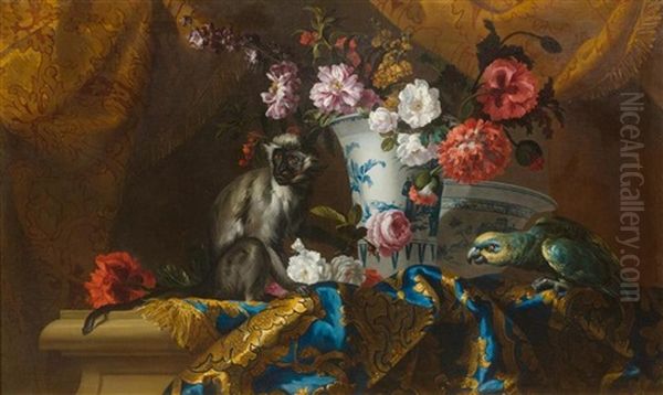 Still Life Of Flowers With A Monkey And A Parrot - view 1