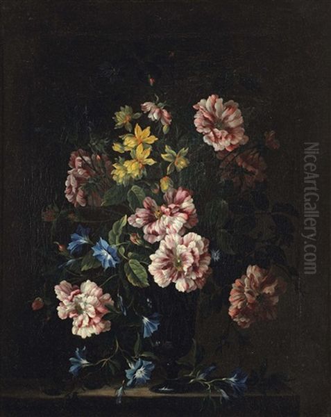 Roses, Violets, Daffodils In A Glass Vase, On A Stone Ledge - view 1