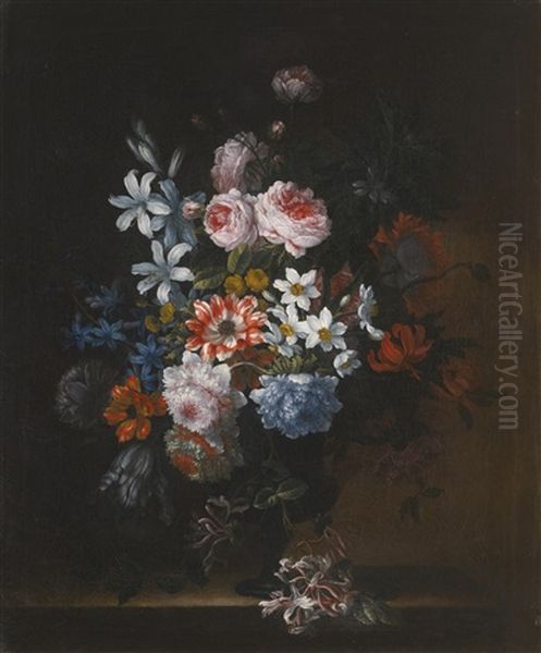 Still Life Of Roses, Honeysuckle, Lillies, Chrysanthemums, Narcissi And Other Flowers In A Vase - view 1