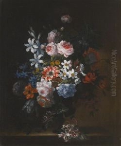 Still Life Of Roses, Honeysuckle, Lillies, Chrysanthemums, Narcissi And Other Flowers In A Vase