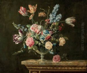 Tulipanes, Rosas Y Otras Flores En Una Copa De Cristal Sobre Una Mesa De Marmol by Jean-Baptiste Monnoyer