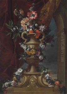 A Roses, Peonies, Orange Blossom, Jasmine, Ranunculi And Other Flowers In A Sculpted Urn On A Pedestal, Before A Draped Curtain