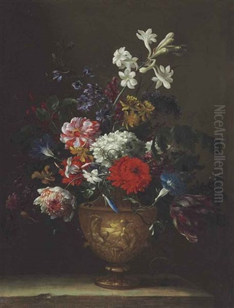 A Hydrangea, Chrysanthemum, Tulip And Other Flowers In A Sculpted Vase - view 1