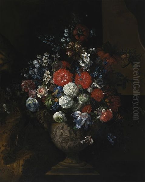 Still Life Of Flowers, Including Tulips, Roses, Poppies And Viburnum In A Sculpted Urn, Resting On A Stone Plinth - view 1