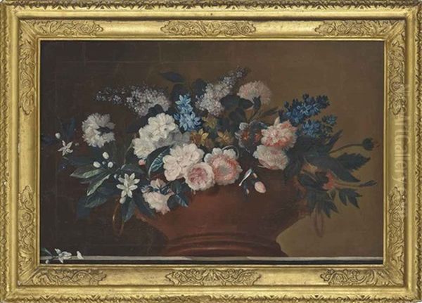 Roses, Carnations, Narcissi And Other Flowers In An Urn On A Stone Ledge - view 1