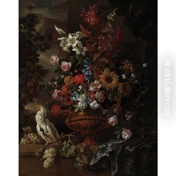 Still Life Of Flowers In A Vase On A Ledge, With A White Cockatoo - view 1