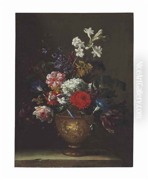 A Hydrangea, Chrysanthemum, Tulip And Other Flowers In A Sculpted Vase - view 1