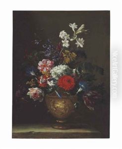 A Hydrangea, Chrysanthemum, Tulip And Other Flowers In A Sculpted Vase