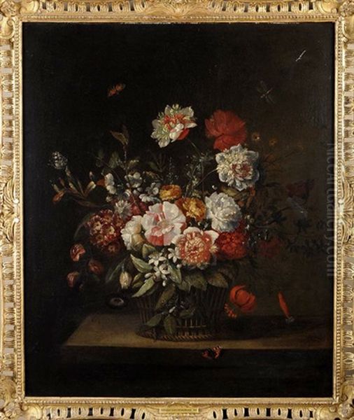 A Study Of Flowers In A Basket On A Shelf With Butterflies And Moths - view 1
