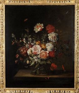 A Study Of Flowers In A Basket On A Shelf With Butterflies And Moths