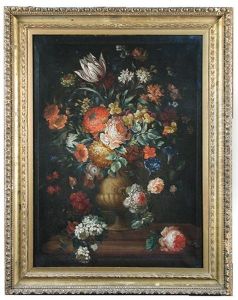 Still Life Of Roses, Lilies, Carnations, Honeysuckle In A Terracotta Urn Upon A Stone Ledge With A Butterfly