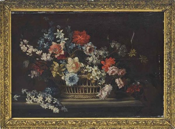 Poppies, Carnations, Convolvulus And Other Flowers In A Wicker Basket On A Stone Ledge - view 1