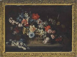 Poppies, Carnations, Convolvulus And Other Flowers In A Wicker Basket On A Stone Ledge