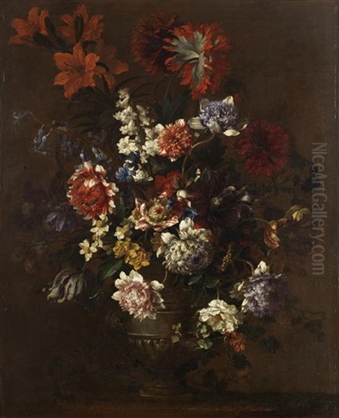 Tulips, Narcissi, Hyacinths, Poppies, Roses And Other Flowers In A Vase On A Stone Ledge - view 1