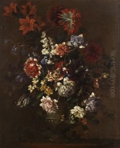 Tulips, Narcissi, Hyacinths, Poppies, Roses And Other Flowers In A Vase On A Stone Ledge by Jean-Baptiste Monnoyer