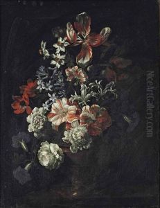 Peonies, Tulips, Daffodils, Morning Glory And Other Flowers, In A Sculpted Urn On A Ledge by Jean-Baptiste Monnoyer