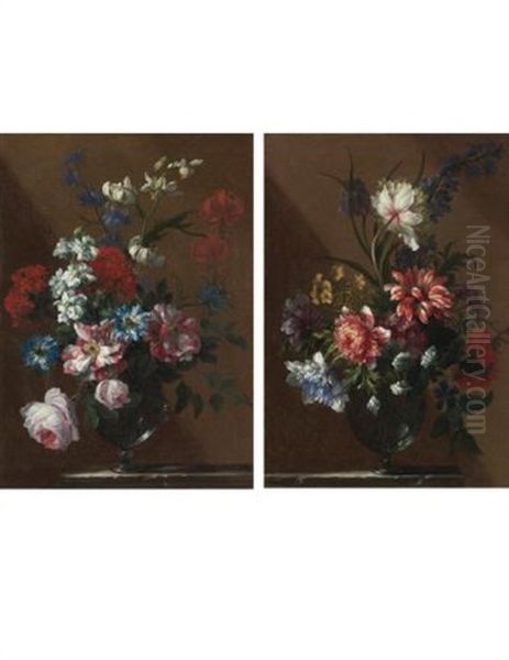 Bouquets Of Flowers In Glass Vases On Marble Ledges (pair) - view 1