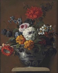 A Rose, Carnations, Narcissi And Other Flowers In A Delft Blue And White Porcelain Bowl, On A Pedestal