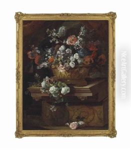 Roses, Carnations, Tulips, Forget-me-nots, And Other Flowers In A Sculpted Urn, With Carnations And Other Flowers On A Classical Plinth