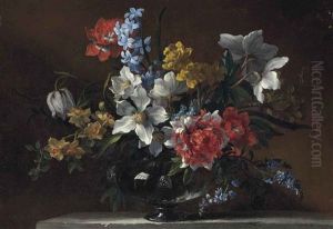 Narcissi, Hyacinths, Forget-me-nots And Other Flowers In A Glass Vase On A Stone Ledge Narcissi, Hyacinths, Forget-me-nots And Other Flowers In A Glass Vase On A Stone Ledge
