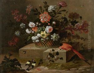Blumenarrangement In Einem Flechtkorb Mit Einem Papagei In Einer Landschaft