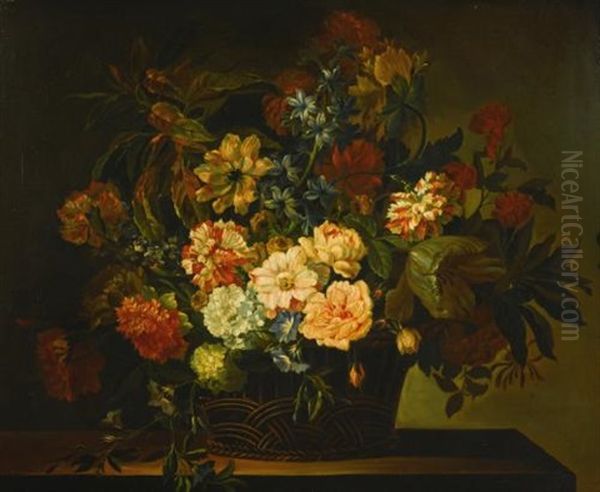 Dahlias, Tulips, Honeysuckle And Other Flowers In A Basket On A Table - view 1