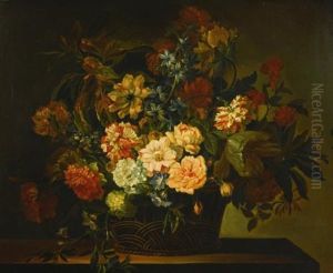 Dahlias, Tulips, Honeysuckle And Other Flowers In A Basket On A Table