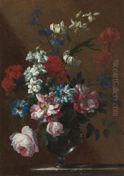 Bouquets Of Flowers In Glass Vases On Marble Ledges (pair) - view 1