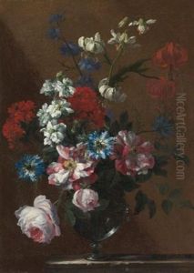 Bouquets Of Flowers In Glass Vases On Marble Ledges (pair) by Jean-Baptiste Monnoyer