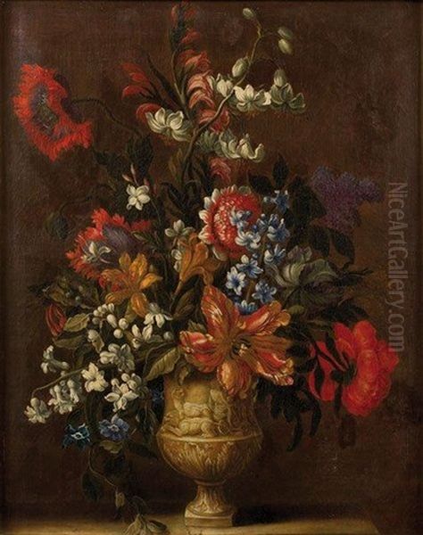 Tulipes, Narcisses, Oeillets Et Muguet Dans Un Vase De Pierre Sculpte - view 1