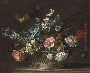 Roses, Daffodils, Hyacinths, Anemones, Fritillaries And Other Flowers In A Woven Basket On A Stone Ledge by Jean-Baptiste Monnoyer