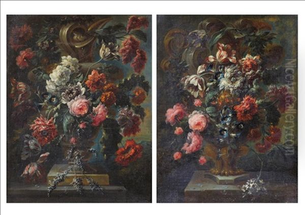 Still Life Of Flowers; Still Liefe Of Flowers In A Stone Urn (pair) - view 1