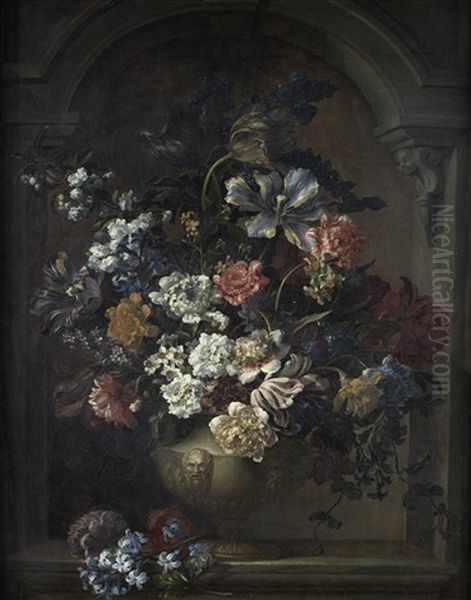 Peonies, Tulips, Narcissi, Honeysuckle And Other Flowers In A Classical Urn - view 1