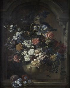 Peonies, Tulips, Narcissi, Honeysuckle And Other Flowers In A Classical Urn by Jean-Baptiste Monnoyer