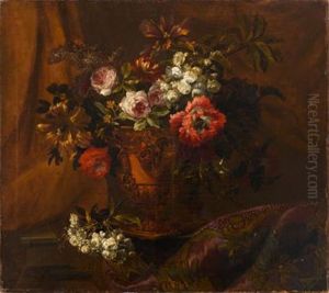 Still Life Of Parrot Tulip, Roses, Chrysanthemums And Other Flowers In A Gilt Bronze Urn, Upon A Ledge With Draped Cloth by Jean-Baptiste Monnoyer