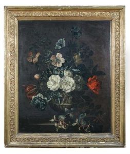 Still Life Of Honeysuckle, Chrysanthemums, A Tulip And Other Flowers In A Stone Vase On A Marble Ledge