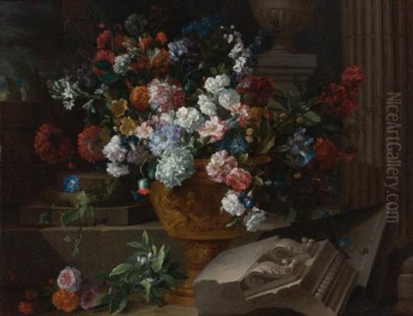 Still Life With Flowers In A Sculpted Urn With Architectural Fragments On A Terrace - view 1